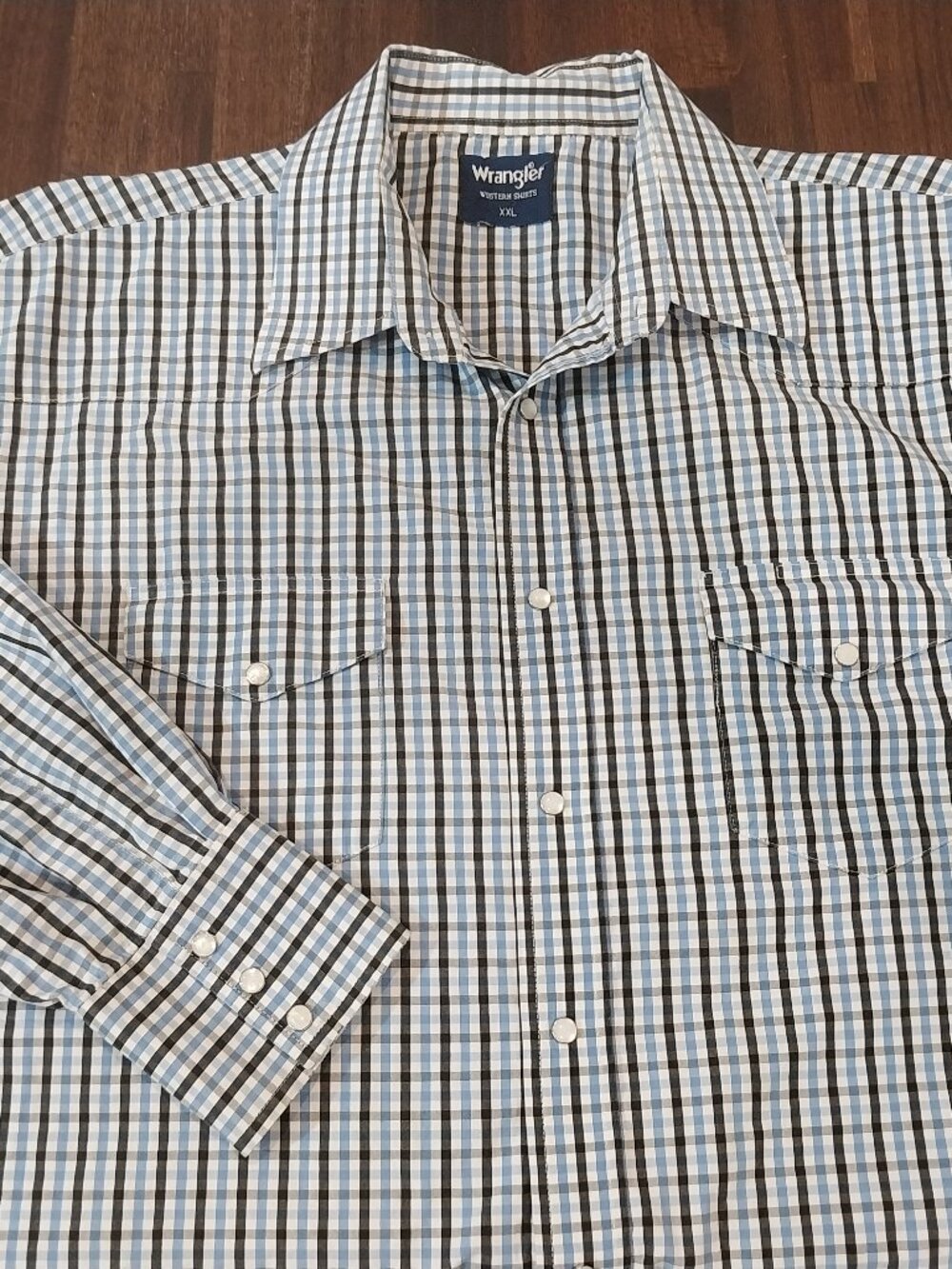 Wrangler Pearl Snap Western Shirt Mens 2XL Blue White Plaid Long Sleeve Chest 56